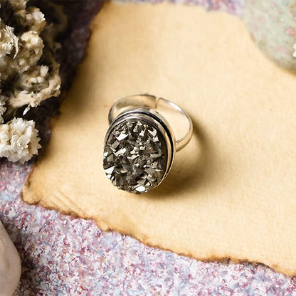 Pyrite Geode Adjustable Rings - Fit For All Sizes | Raw Pyrite Beautiful Ring - For Male & Female